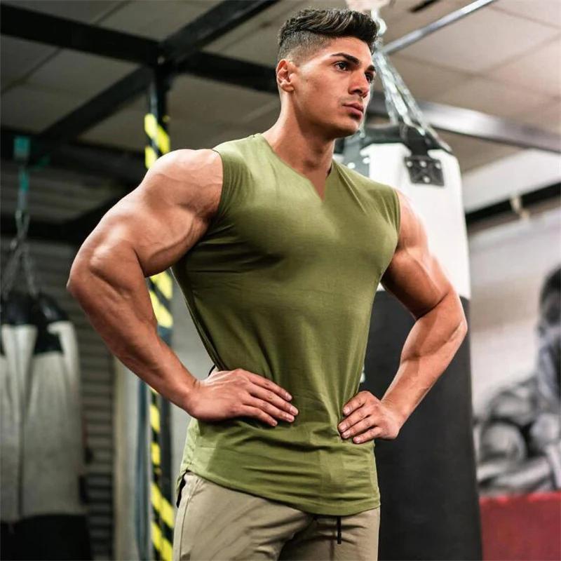 Débardeur d'été en coton respirant à col en v pour hommes, chemise sans manches pour entraînement, c