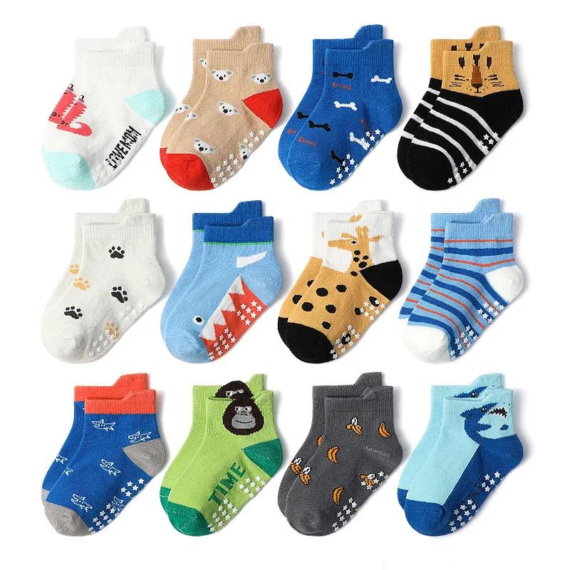 6 paires de chaussettes pour enfants, chaussettes de sol antidérapantes en coton à motif d'animaux d