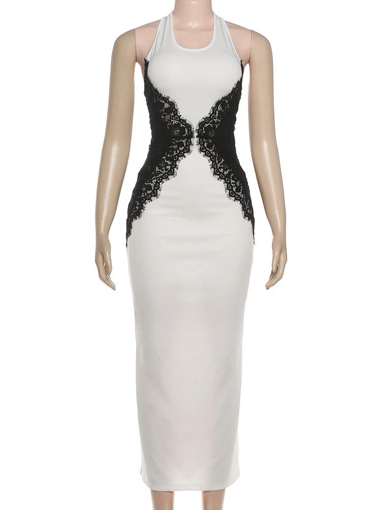 Kliou dentelle Patchwork longues robes femme licou col rond épaules nues dos nu Robe minuit bal fête