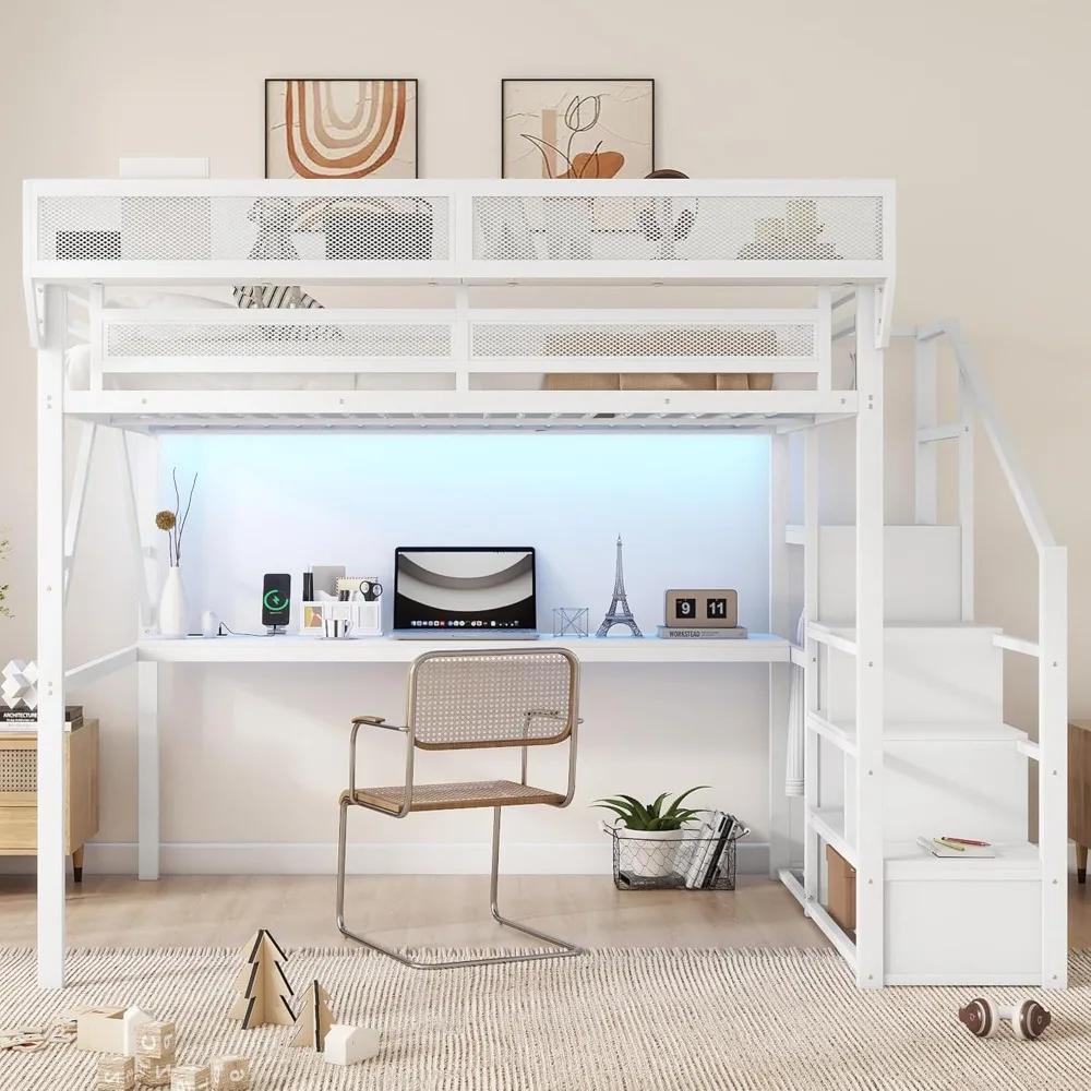 Lit mezzanine en métal robuste taille Queen avec 5 rangements, bureau et escalier