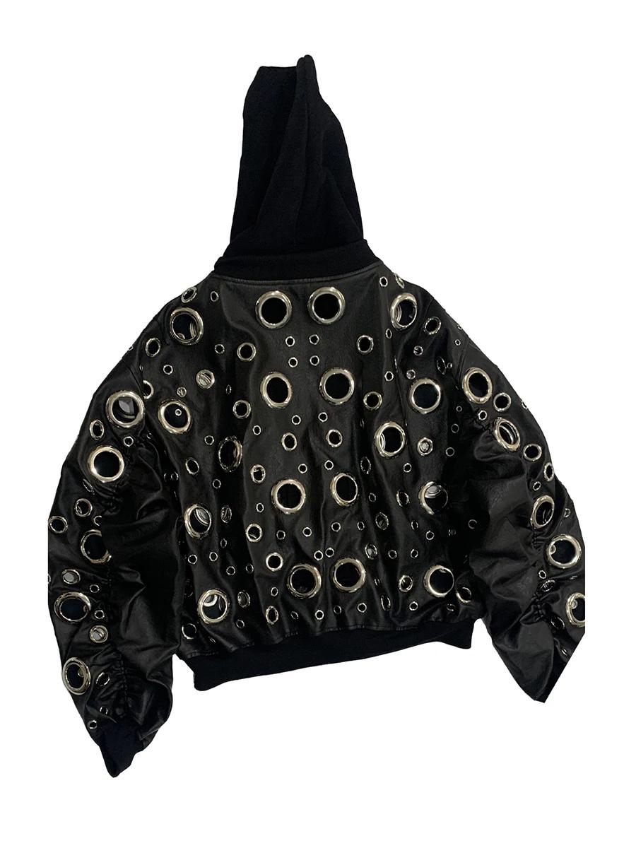 Automne surdimensionné évider veste en cuir Pu hommes trou Cool luxe concepteur faux 2 pièces mode e