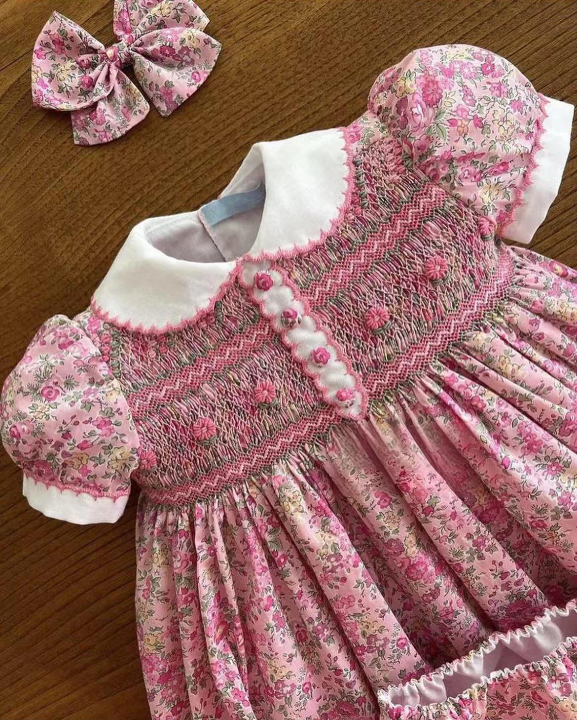 Robe d'été pour bébé fille de 0 à 12 ans, motif Floral rose, broderie smockée faite à la main, robe