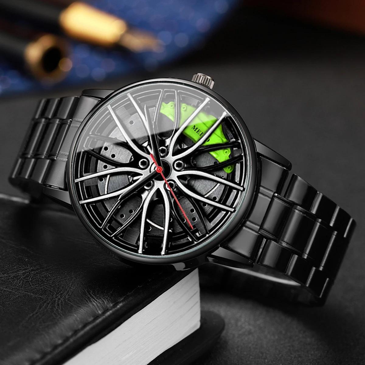 Mode hommes montres de sport 3d roue de voiture bracelet en acier inoxydable montre-bracelet hommes