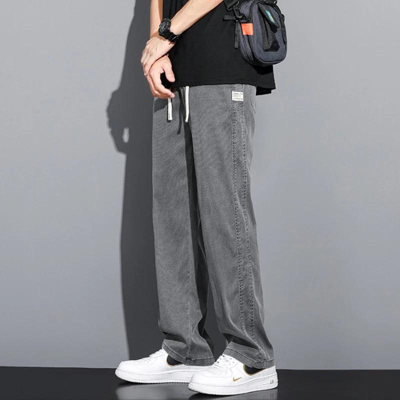 Jean d'été en tissu Lyocell doux pour homme, coupe droite ample, taille élastique avec cordon de ser