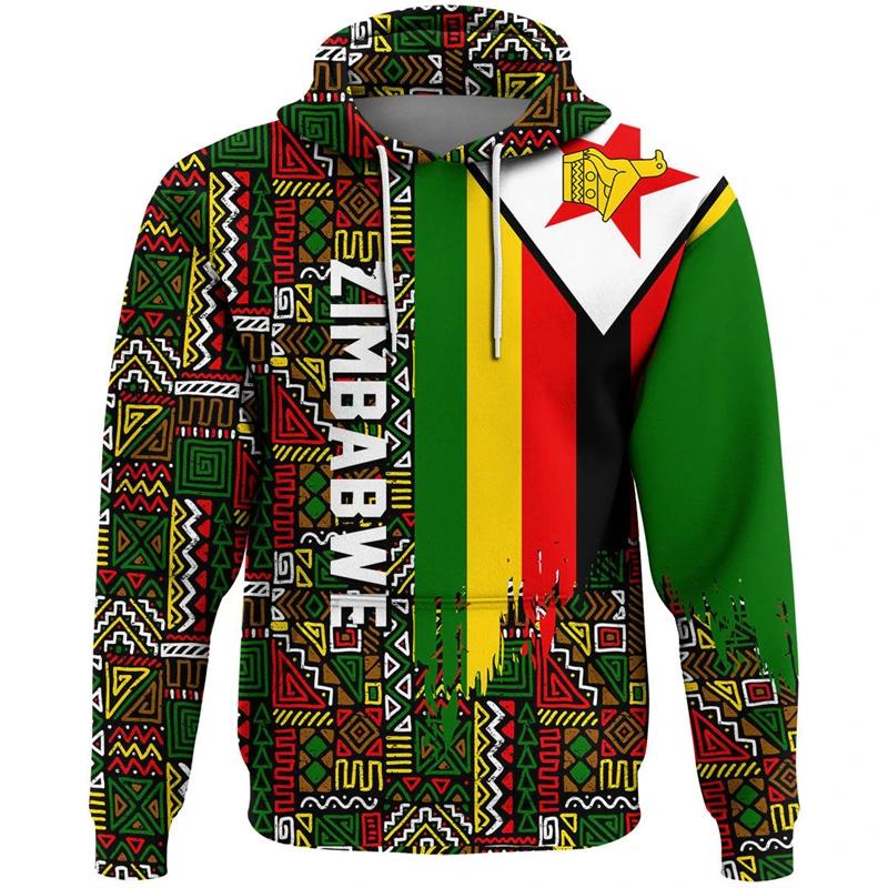 Zimbabwe Feel Map Graphic PVD National Emblem Hoodie for Men, Africa Boy Clothes, Casual Male Survêt