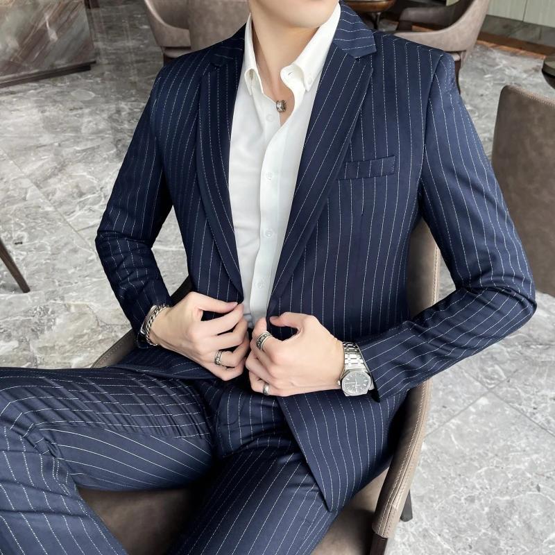Ensemble de costume deux pièces pour hommes, coupe cintrée, de haute qualité, à rayures, pantalon et