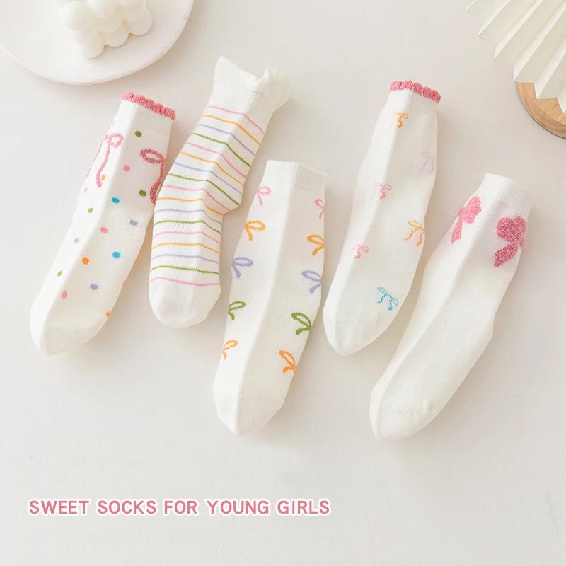 5 paires de chaussettes mi-mollet avec nœud papillon pour enfants filles, en coton peigné sélectionn