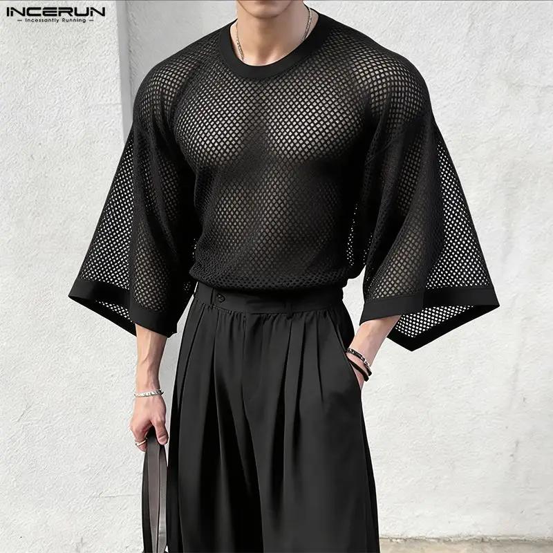 INCERUN T-shirt Homme Uni en Maille Transparente Sexy Oversize Vêtements Streetwear 2026 Manches 3/4