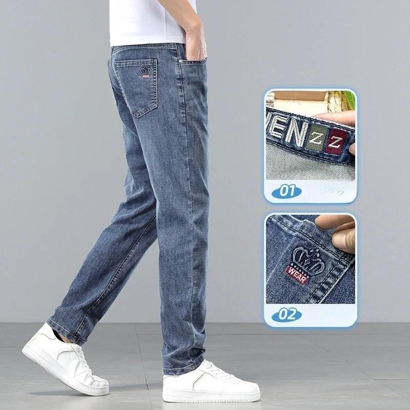  Vêtements de marque, jeans slim pour hommes, printemps-été, décontractés, respirants, en tissu d