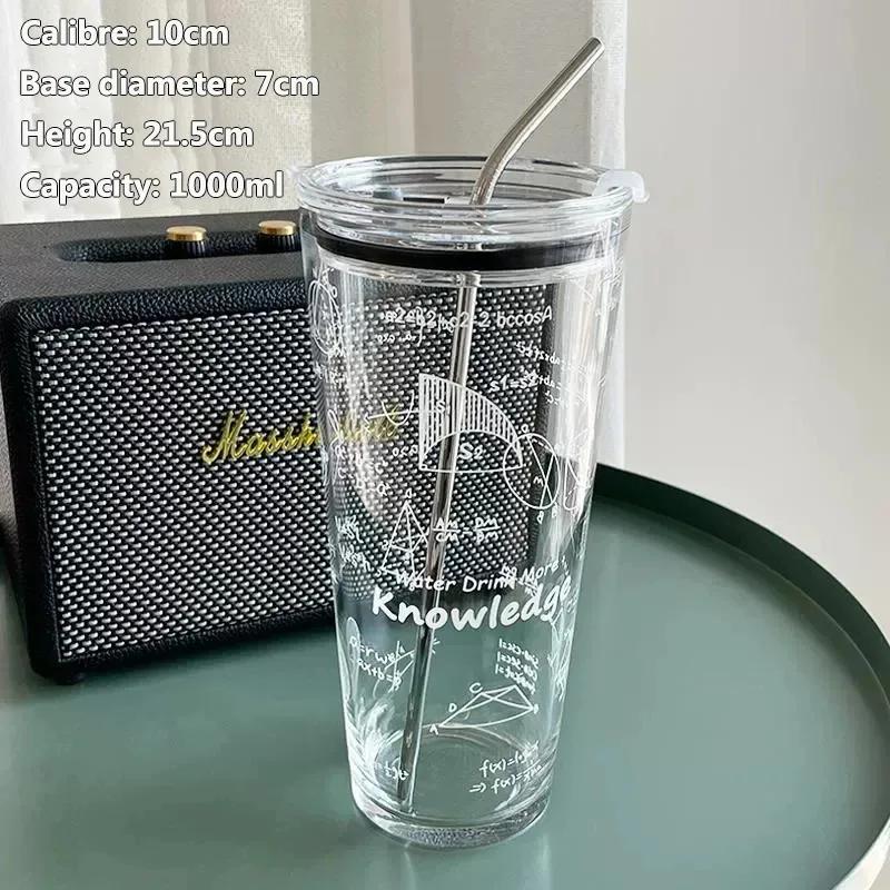 Tasse d'eau en verre de 1000ML, grande capacité, résistante à la température, pour filles, avec couv
