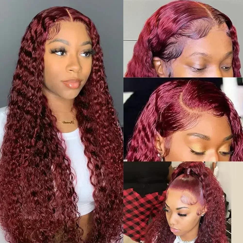 Perruque Lace Front Wig Deep Wave Naturelle Bouclée Rouge Bordeaux 99J, 13x4, Pre-Plucked, Densité 1