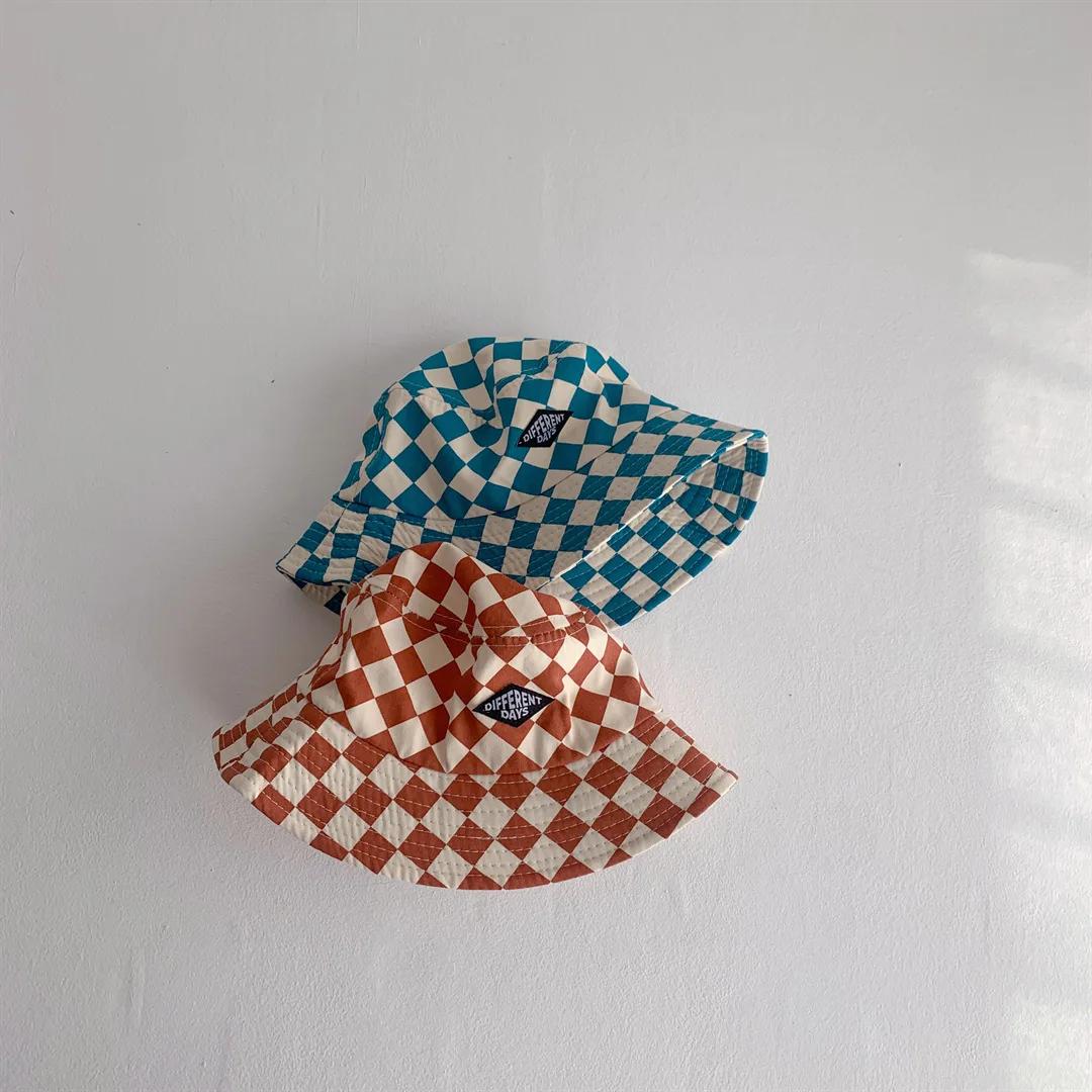 Chapeau seau à motif damier pour enfants, mignon, à carreaux, pour bébés garçons et filles, chapeau