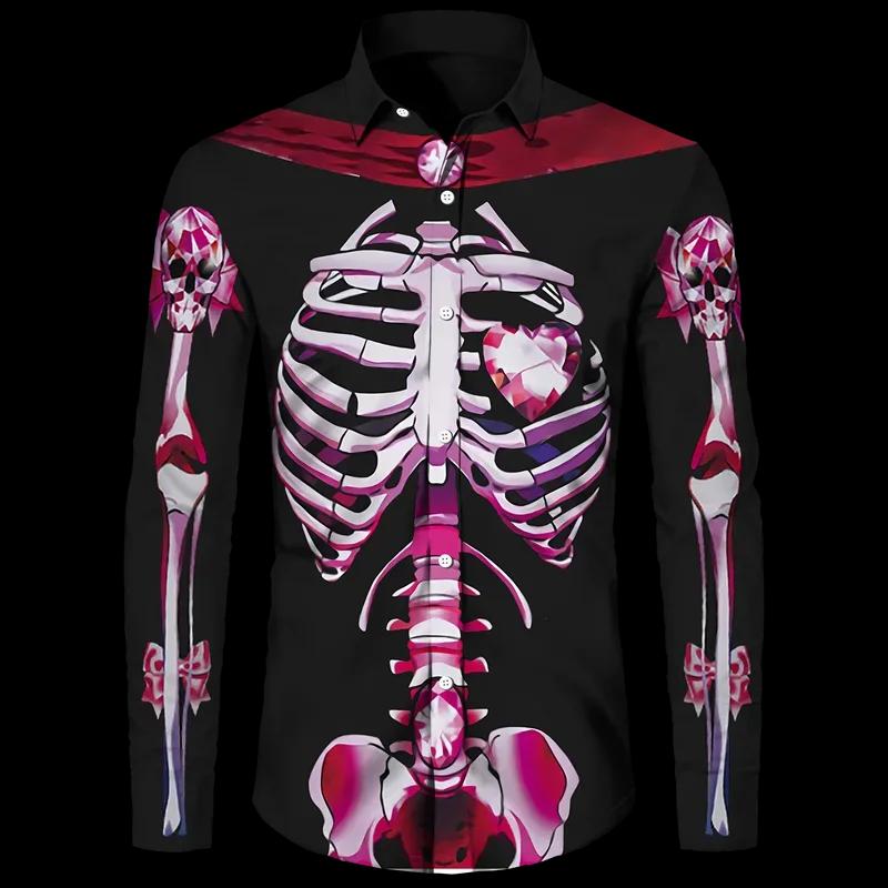 Chemise à boutons imprimé squelette 3D pour hommes et femmes, haut Streetwear à manches longues pour