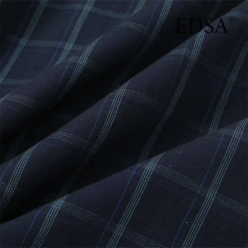 EDSA chemise à carreaux bleu marine pour femmes avec poche carrée pour bureau dame simple boutonnage