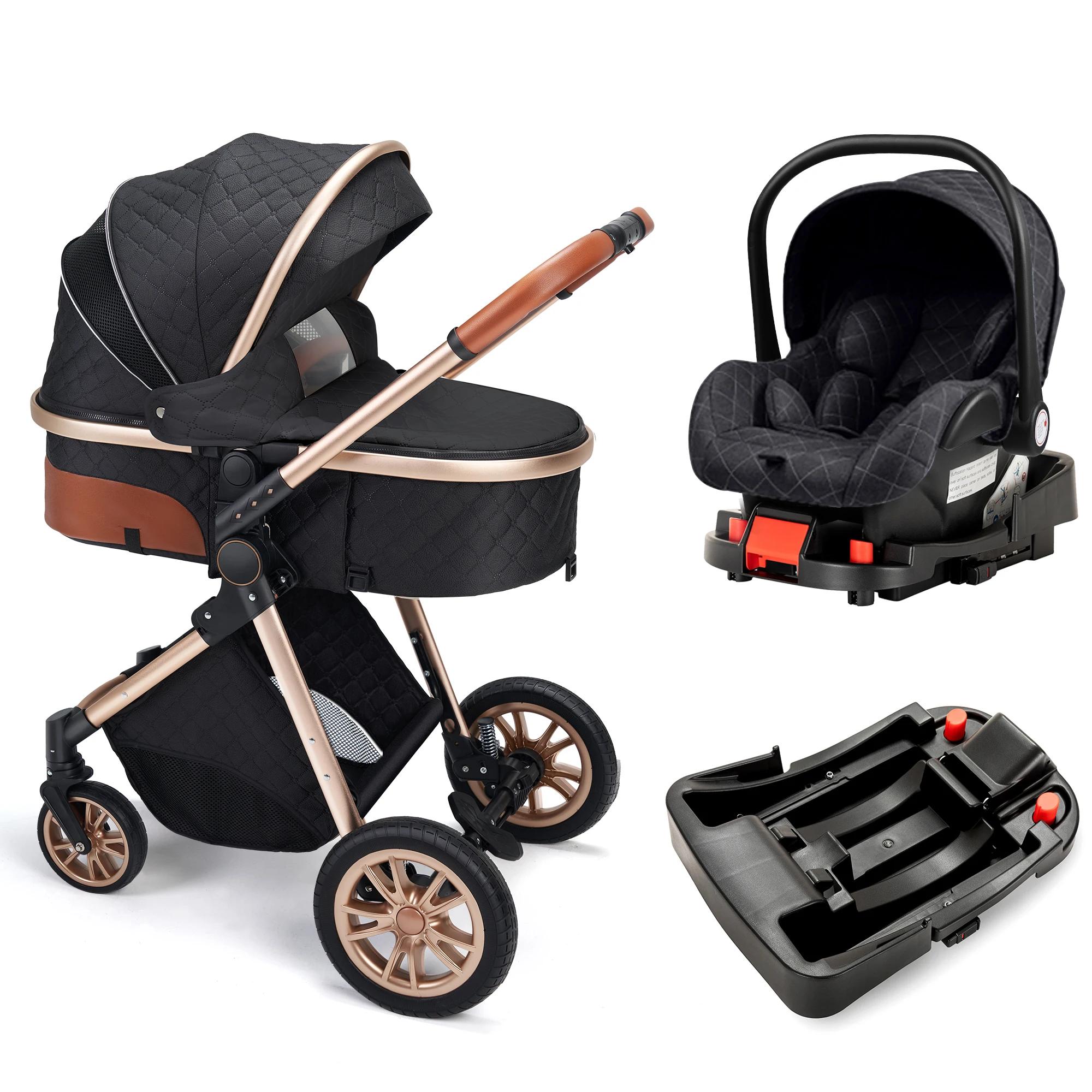 Landau de luxe 3 en 1, poussette pour bébé de paysage haut avec siège réversible, poussette pliante