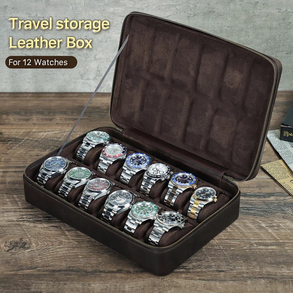 Étui de montre de luxe en cuir véritable pour hommes, boîte de rangement de bijoux, boîte de voyage