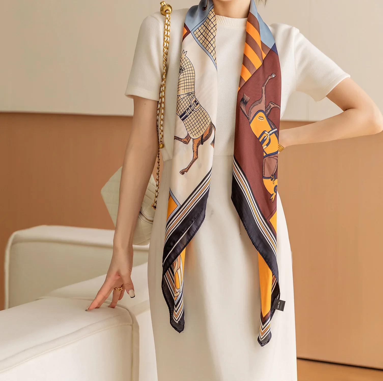Foulard carré imprimé cheval de luxe, châle Vintage en Imitation soie pour femmes, coupe-vent, envel