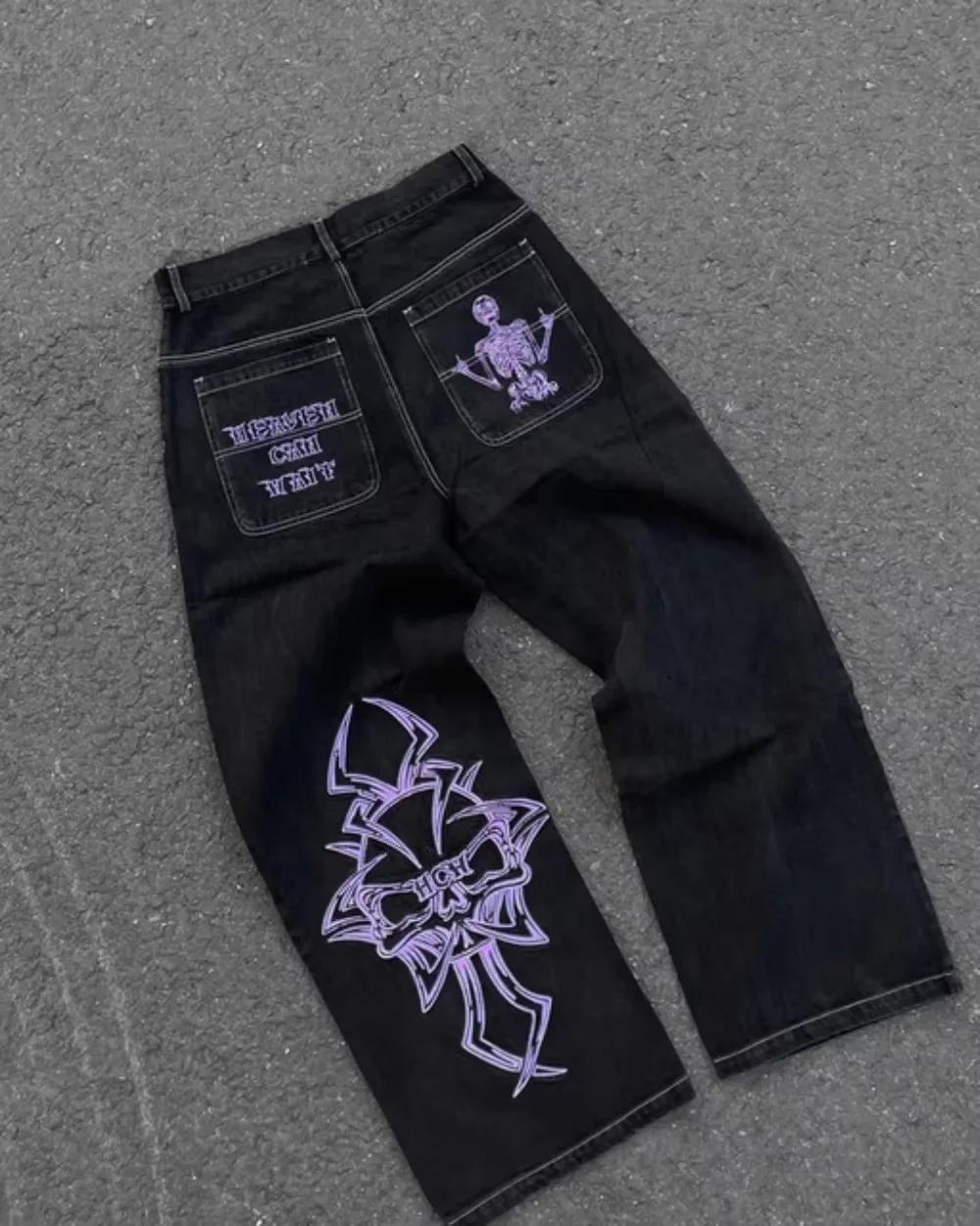 Nouveau Jean Y2K pour Homme, style Hip Hop, avec broderie crâne rétro, en denim délavé, coupe droite