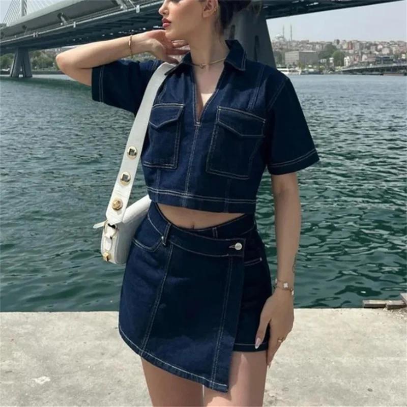 MUJER bleu Denim chemise femme à manches courtes chemise courte femmes été hauts courts femme Street