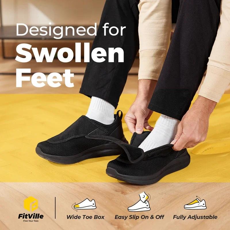 FitVille Extra Large 2E Hommes Chaussures Diabétiques Pour Les Personnes Âgées Orthopédie Pieds Gonf