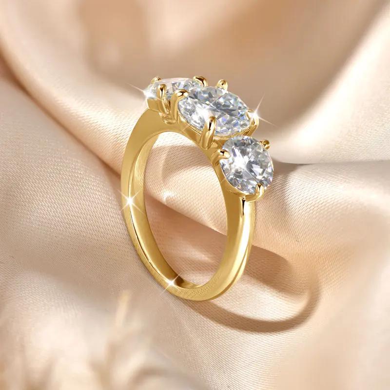 Lnngy – bague de fiançailles ronde en Moissanite pour femmes, 8mm et 6.5mm, en or 14K, trois pierres