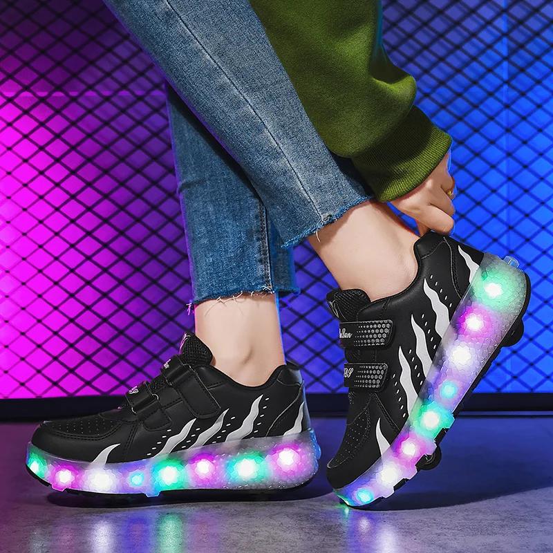 Baskets lumineuses à deux roues pour enfants, chaussures à roulettes avec lumière LED rose, chaussur