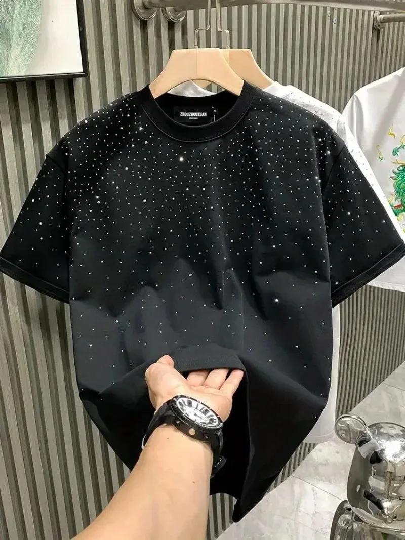 Nouveau luxe hommes T-shirt diamant chaud imprimé demi manches mode col rond décontracté été haut de