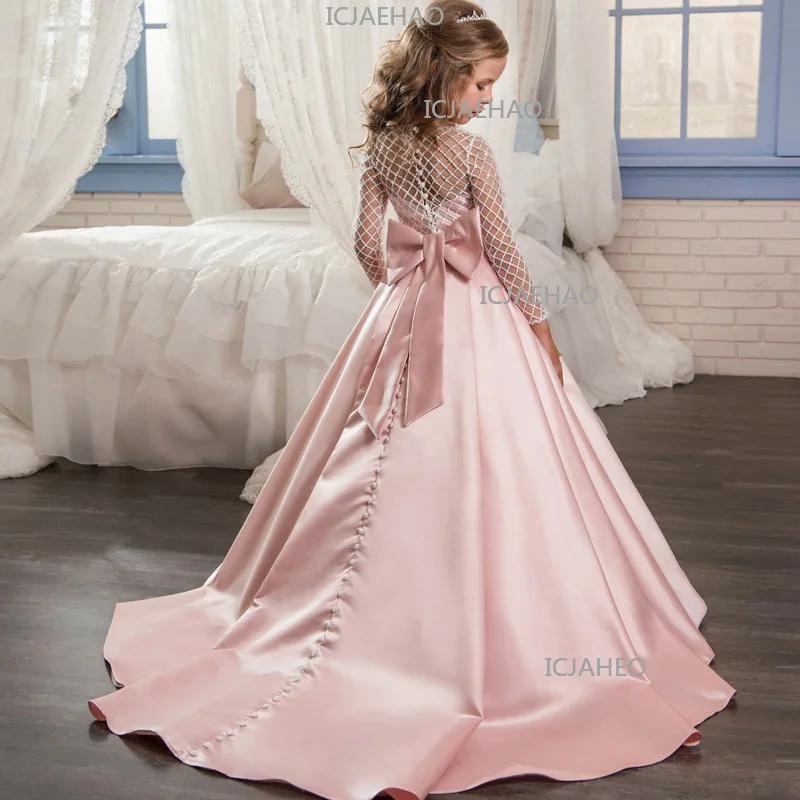 Robe de princesse pour filles 2026, style mode, en dentelle et satin, avec nœud et petit traîneau, p