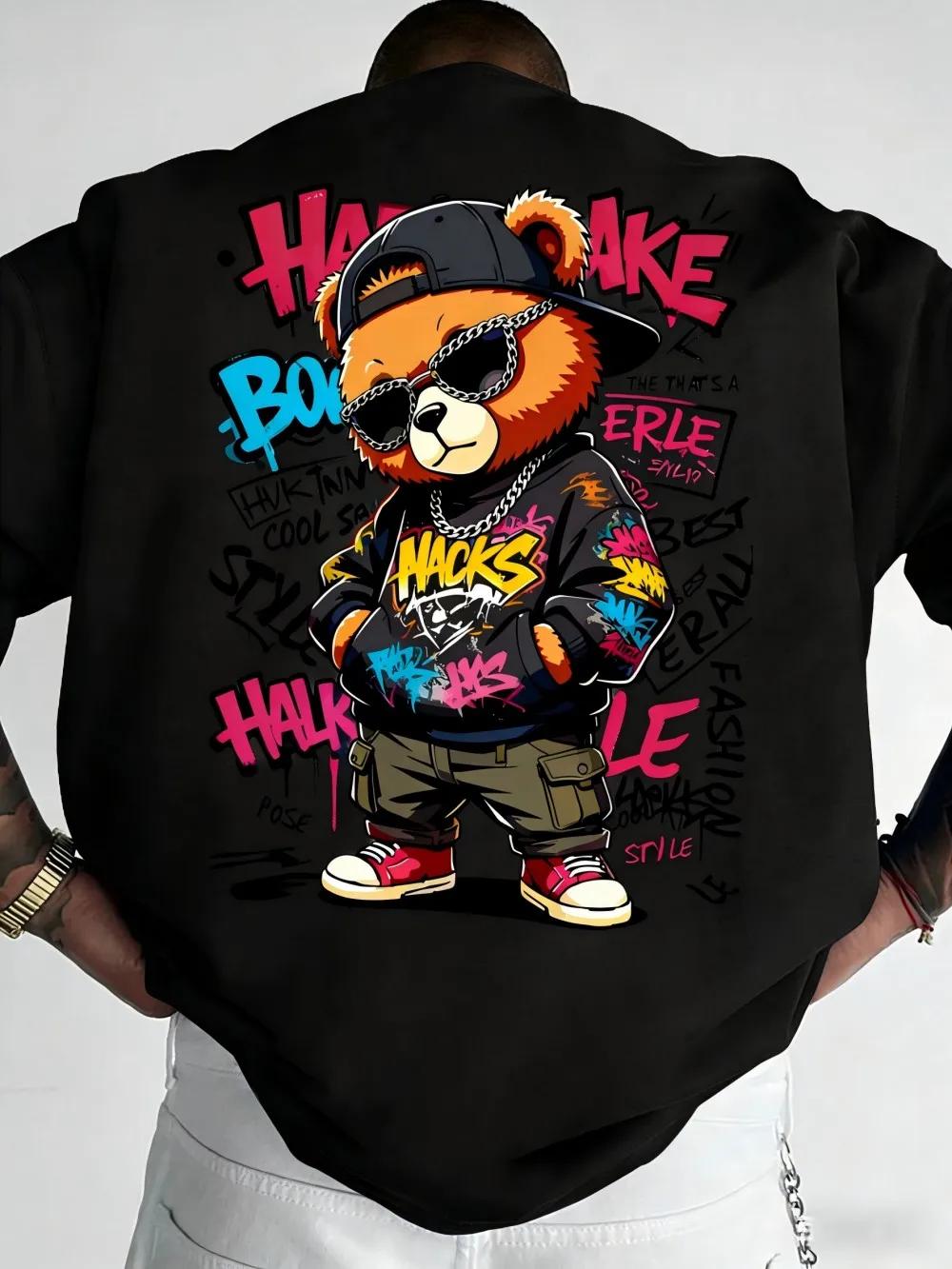 T-shirt à col rond pour hommes européens et américains, imprimé graffiti ours en peluche, confortabl