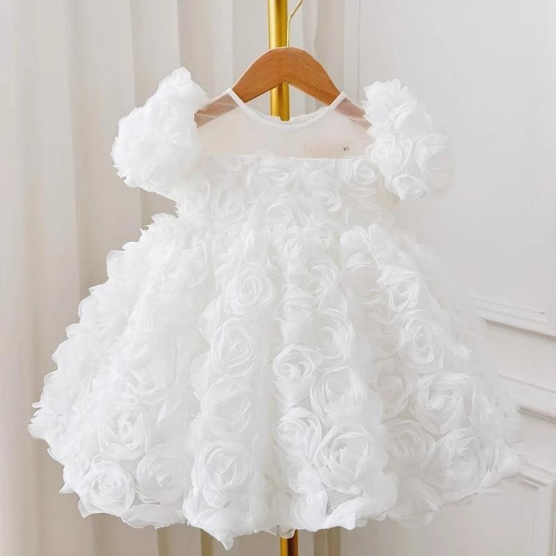 Robe de princesse blanche 2026 pour enfants, à manches courtes bouffantes, motif floral 3D, pour fêt