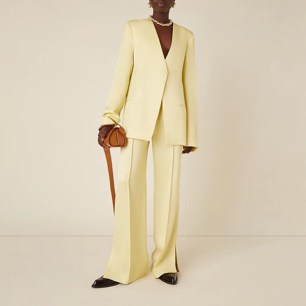 Ensemble Pantalon Chic à Manches sulfet Col en V pour Femme, Tenue Décontractée Sans lèvent, Couleur