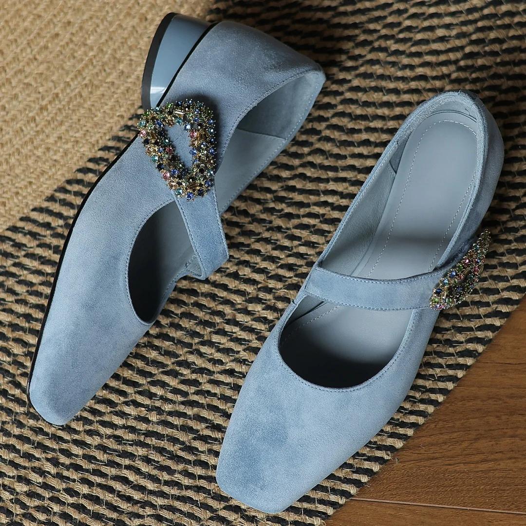 Escarpins Mary Jane à enfiler en cuir suédé naturel pour femmes, boucle en cristal, bout carré, talo