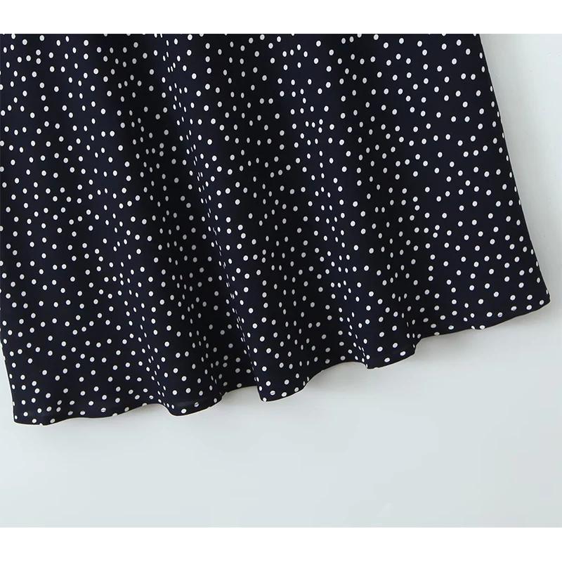 YENKYE-Robe longue bleu marine à pois pour femmes, bordure en dentelle, col en V, manches courtes, l