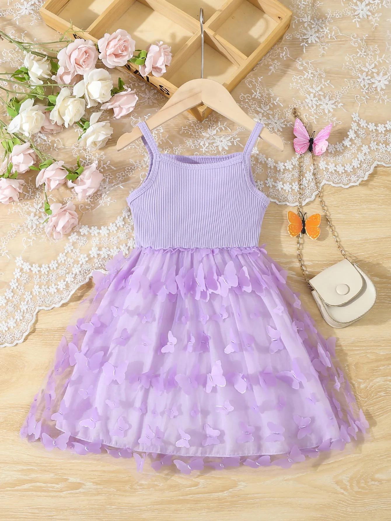 Vêtements d'été pour petites filles, robe camisole en maille avec décor papillon, robe de princesse