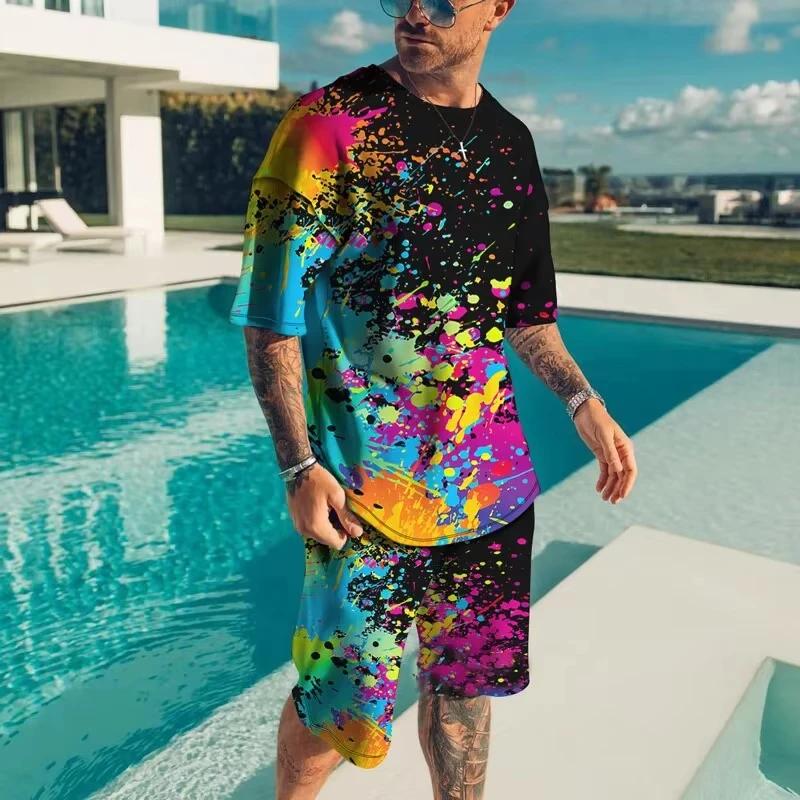 Vêtements de sport pour hommes à la mode été plage à manches courtes chemise imprimée en 3D ensemble