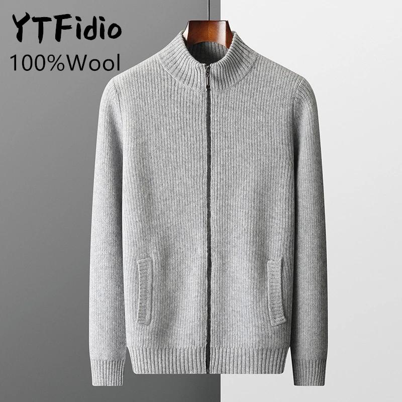 YTFidio-Pull à col mi-haut pour homme, 100% laine, pull à fermeture éclair avec poche, cardigan épai