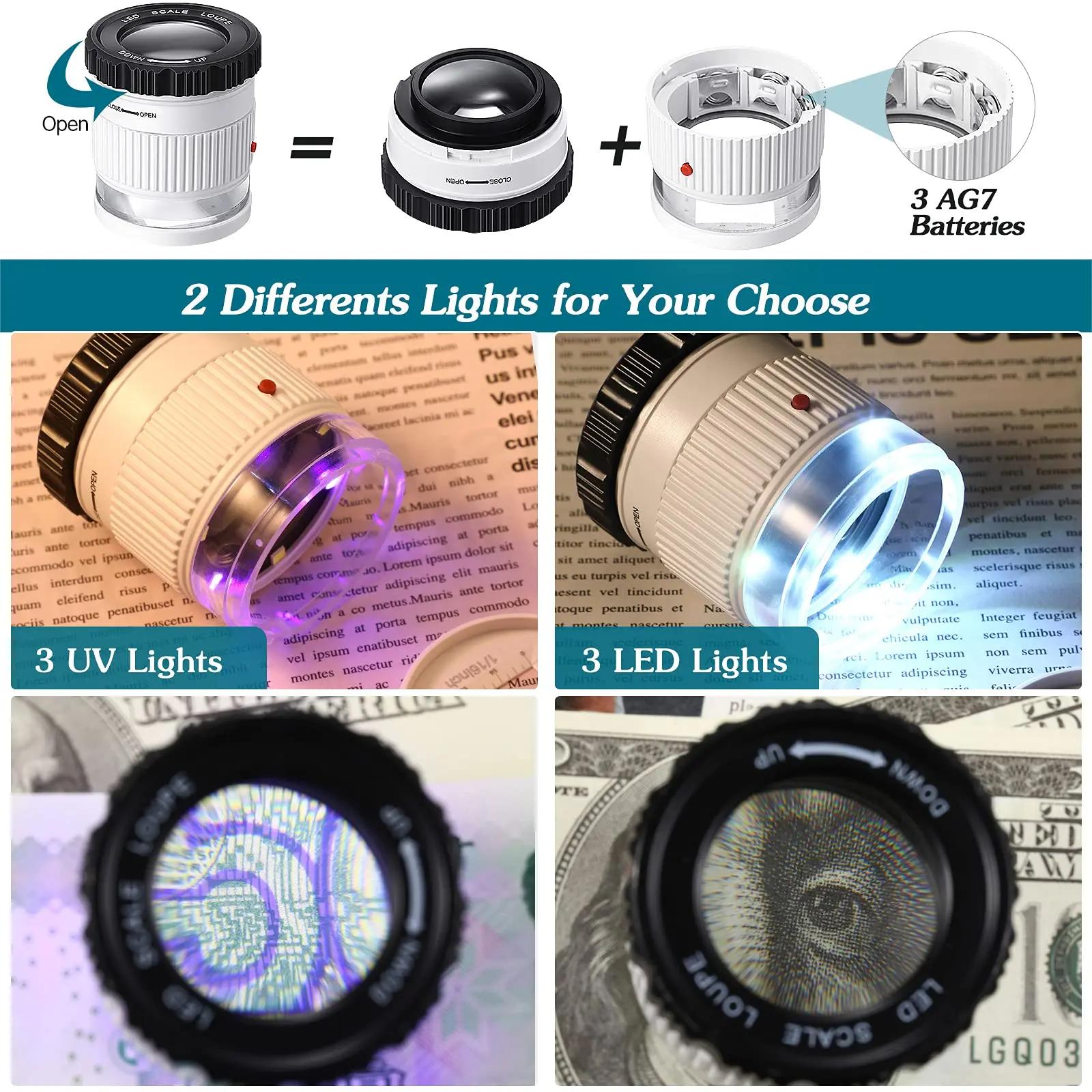 Loupe cylindrique portative 30X avec échelle LED lumière UV Loupe éclairée Focale réglable HD Loupe