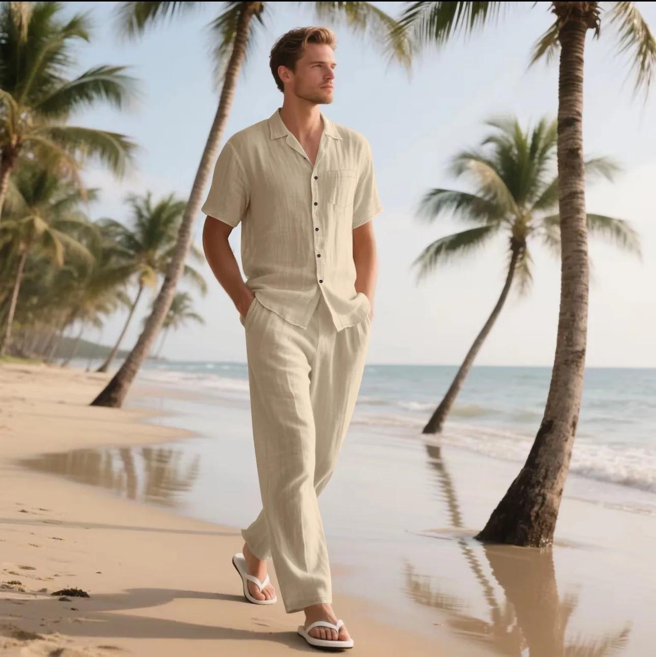 L'ensemble chemise à manches courtes en lin pour hommes Summer Beach de 2025 est un ensemble pantalo