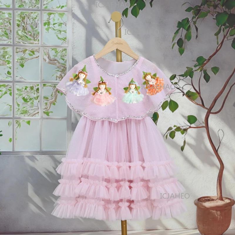 Robes et ensembles pour enfants, robe de princesse rose faite à la main avec fleurs 3D, robes d'anni