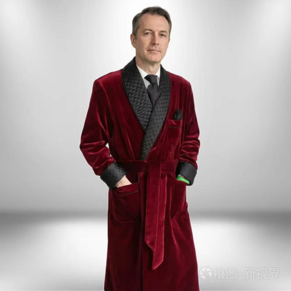 Veste longue en velours pour fumer, manteau de marié à revers châle, costume pour hommes, Blazer ave