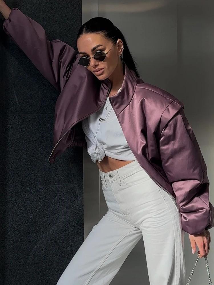 Nouvelle veste bomber en satin SLTNX pour femme, mauve, à manches bouffantes, courte, zippée, décont