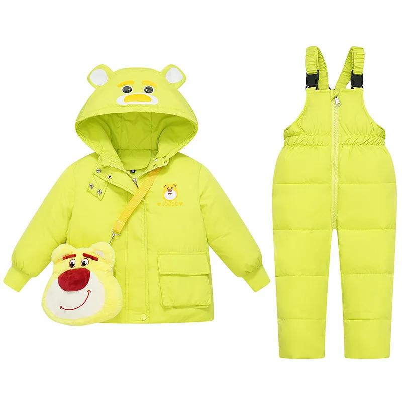 Doudoune à capuche ours dessin animé pour enfants, ensemble de vêtements pour filles, salopette pour