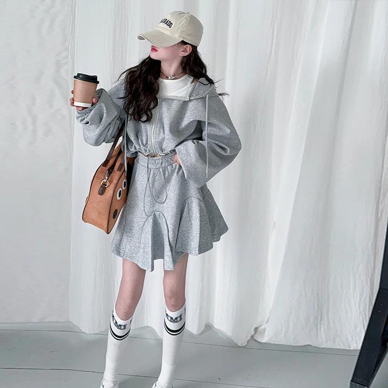 Ensemble de vêtements JK gris pour adolescentes, sweat-shirt à capuche avec lettres + jupe queue de