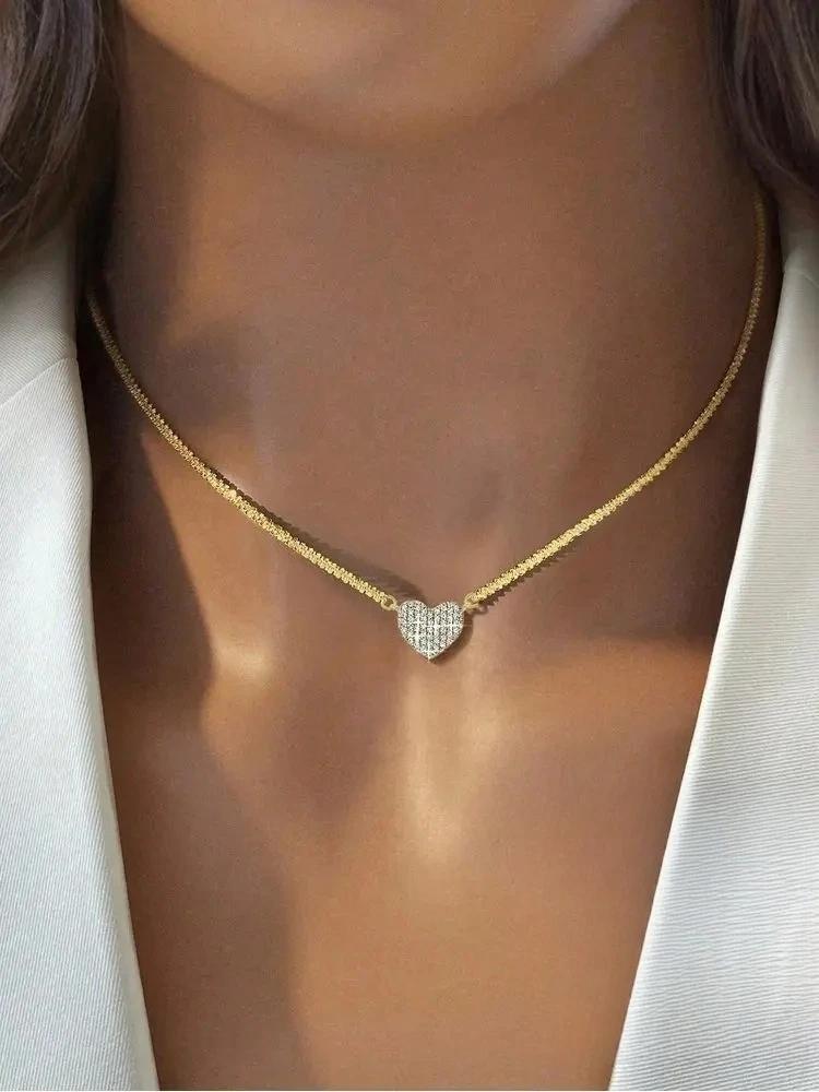 Collier en argent Sterling 925 pour femmes, en Zircon complet, en forme de cœur d'amour, pour fiança