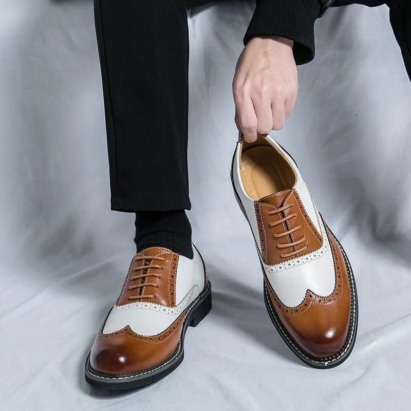 Chaussures en cuir britanniques pour hommes, couleur assortie, blanc, marron, affaires décontractées