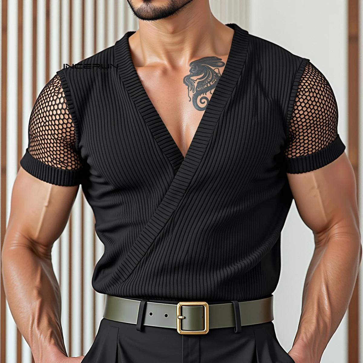 INCERUN hommes t-shirt maille Patchwork col en V à manches courtes hommes t-shirt hauts été Streetwe