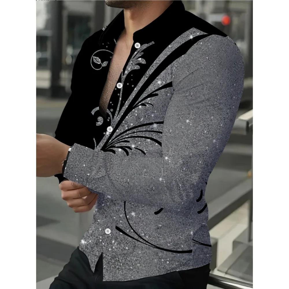 Chemise pour homme à imprimé pailleté, manches longues, motif géométrique, décontractée, col à rever