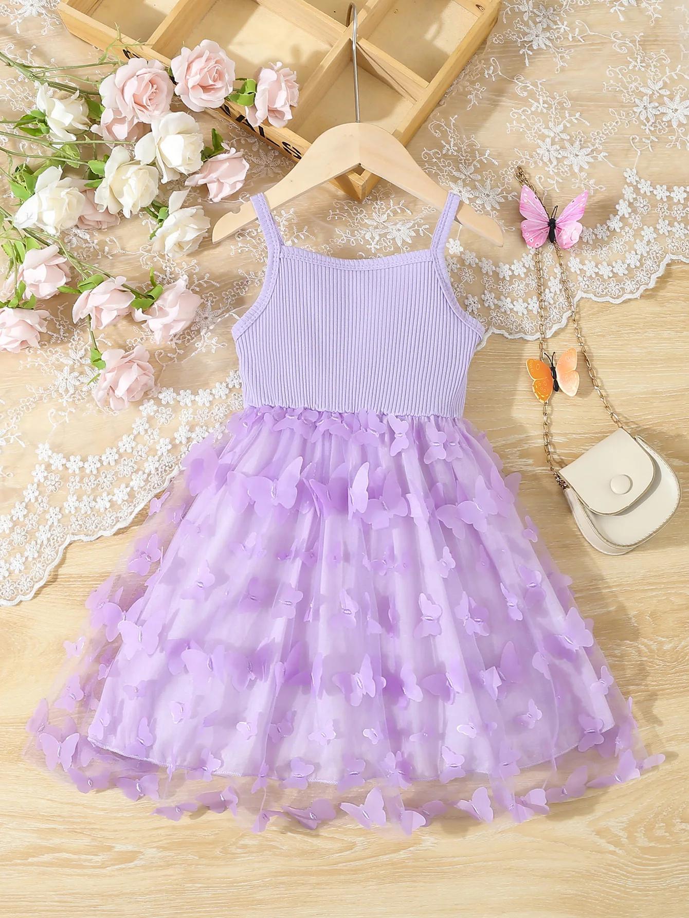 Vêtements d'été pour petites filles, robe camisole en maille avec décor papillon, robe de princesse