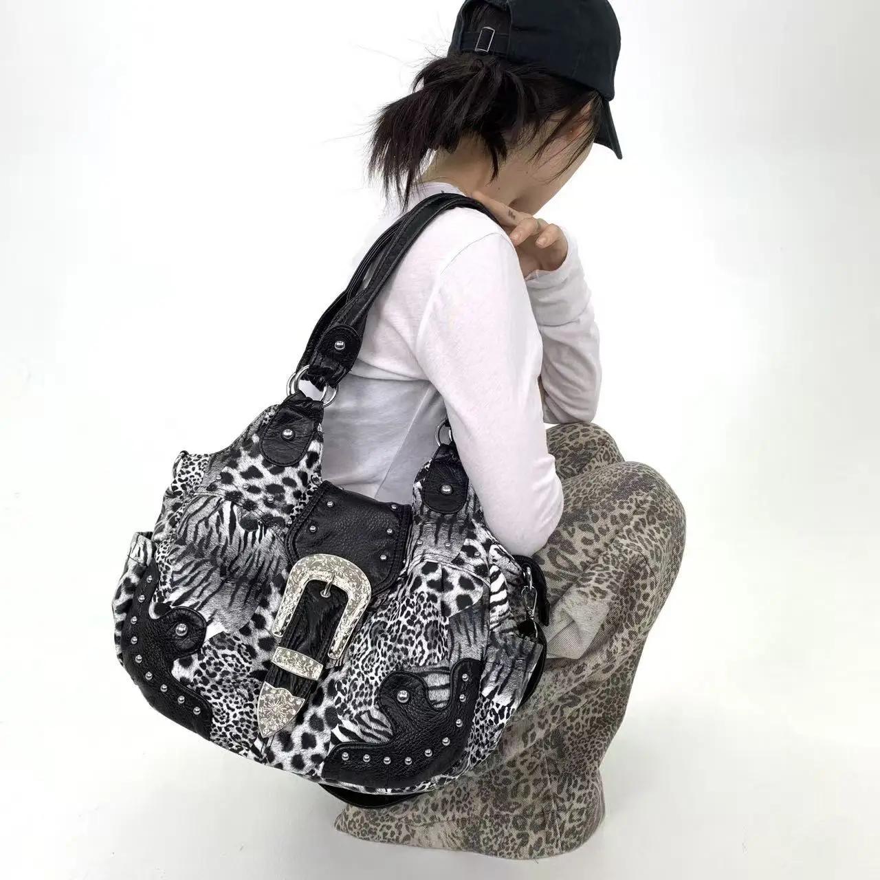 Y2K – sac fourre-tout en patchwork imprimé léopard pour fille épicée, personnalité de rue, avec plus