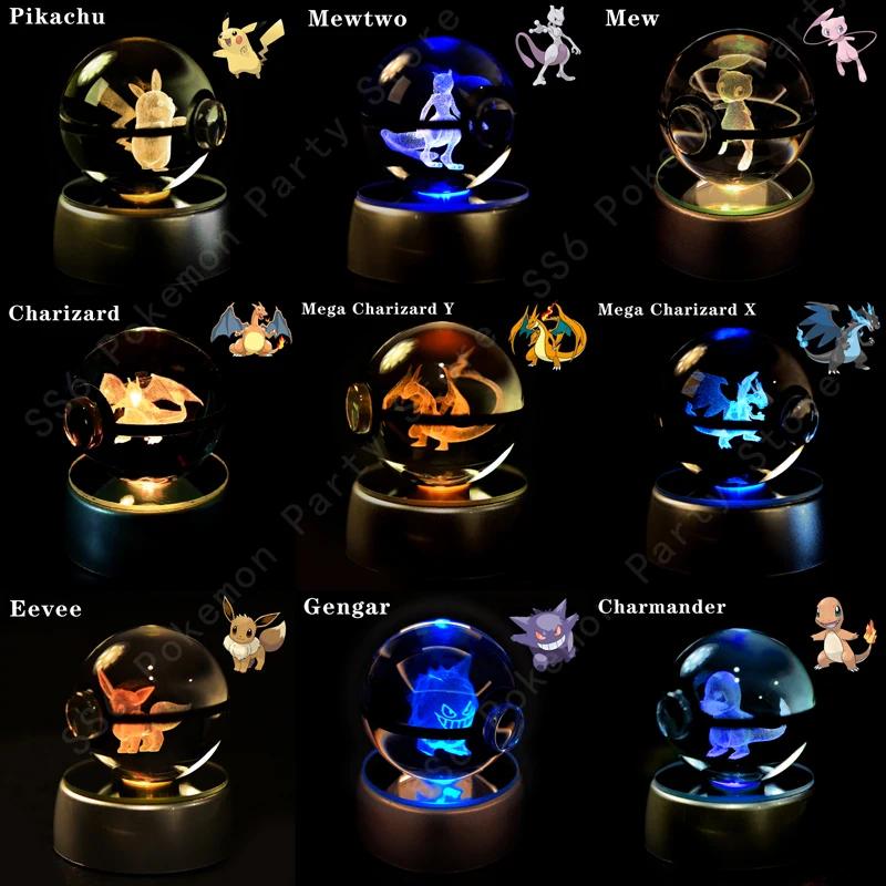 Boule de cristal Pokémon 3D Pikachu Mewtwo Gengar Pokeball Lampe de nuit 3D en verre Statue de crist